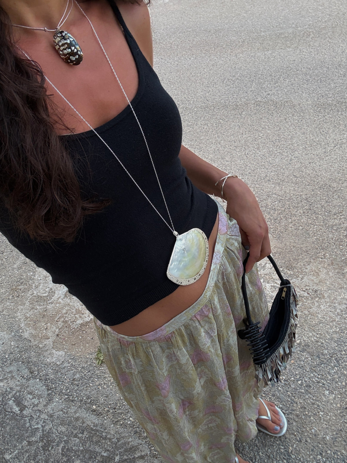 Silver-Framed Mother of Pearl Shell Pendant Necklace