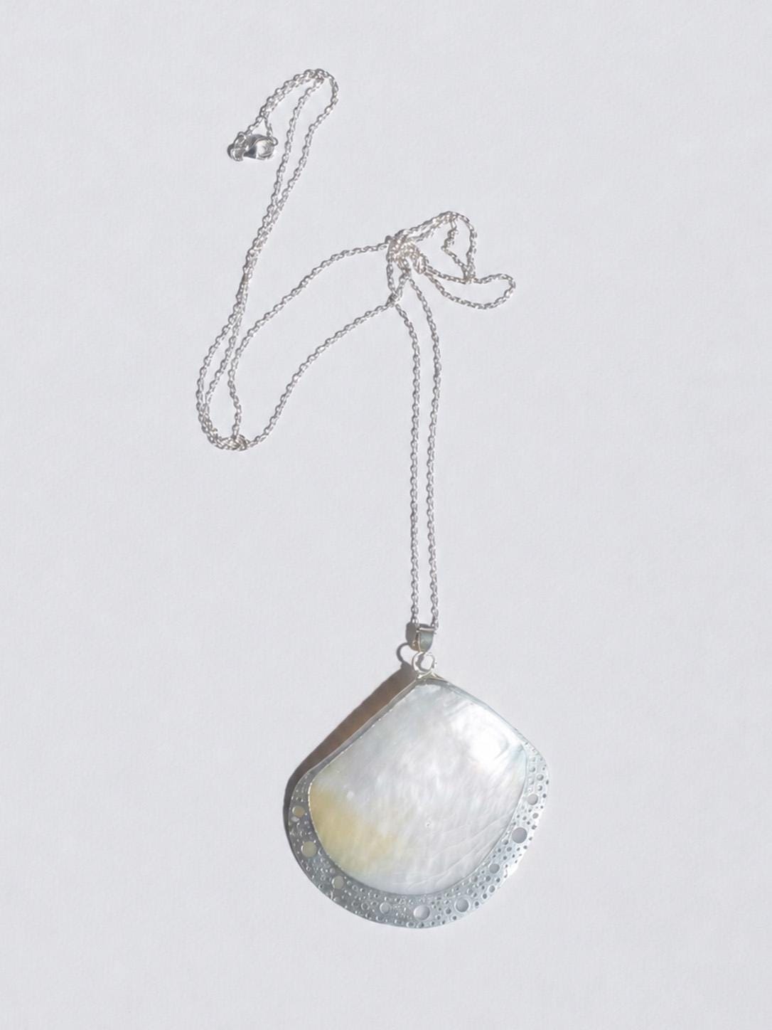 Silver-Framed Mother of Pearl Shell Pendant Necklace