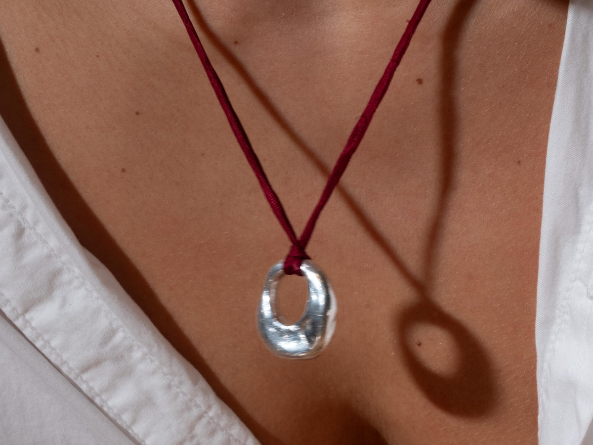 Open Circle Pendant Silk Cord Necklace