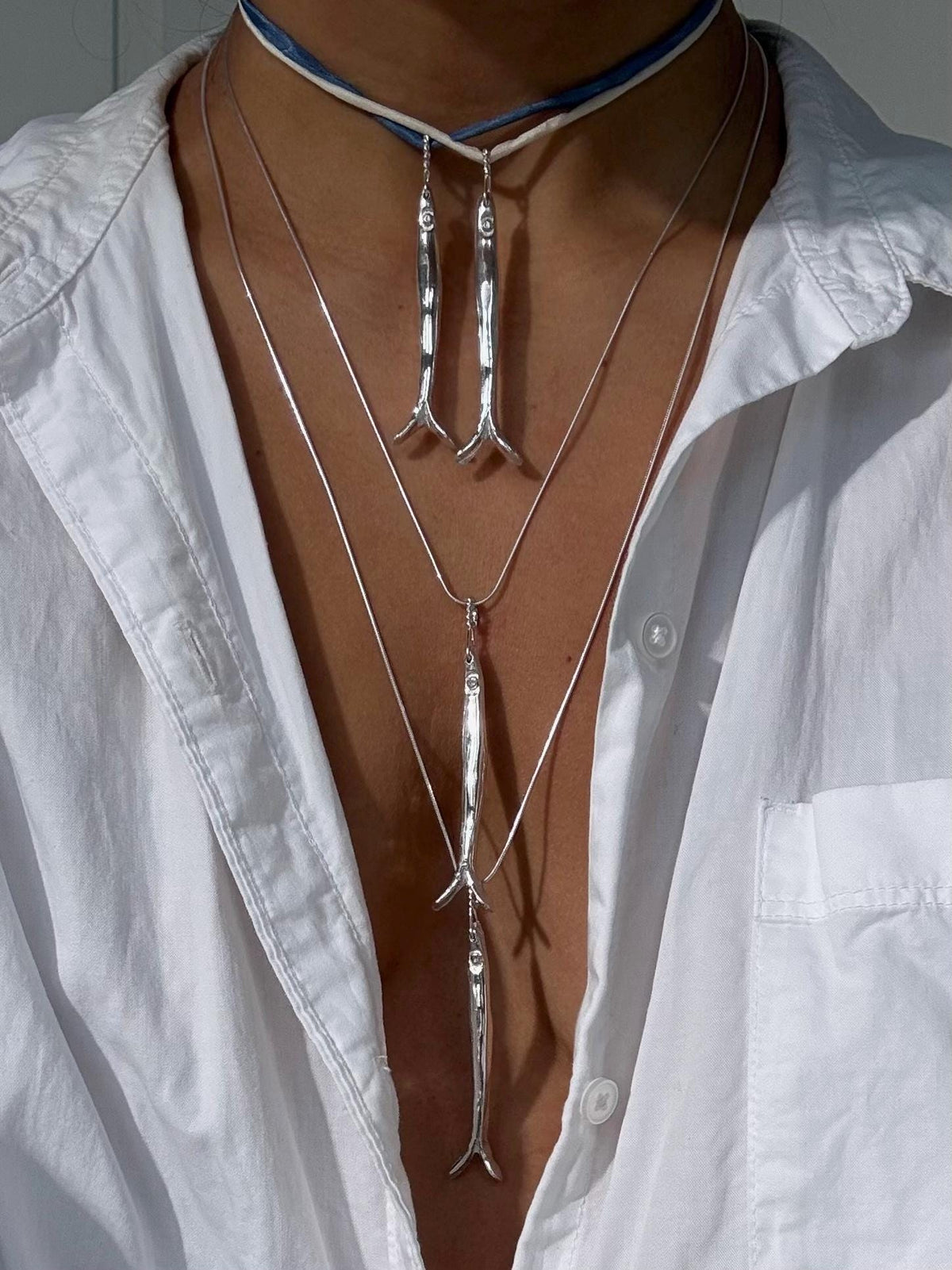 Sardine Pendant Silk Cord Necklace