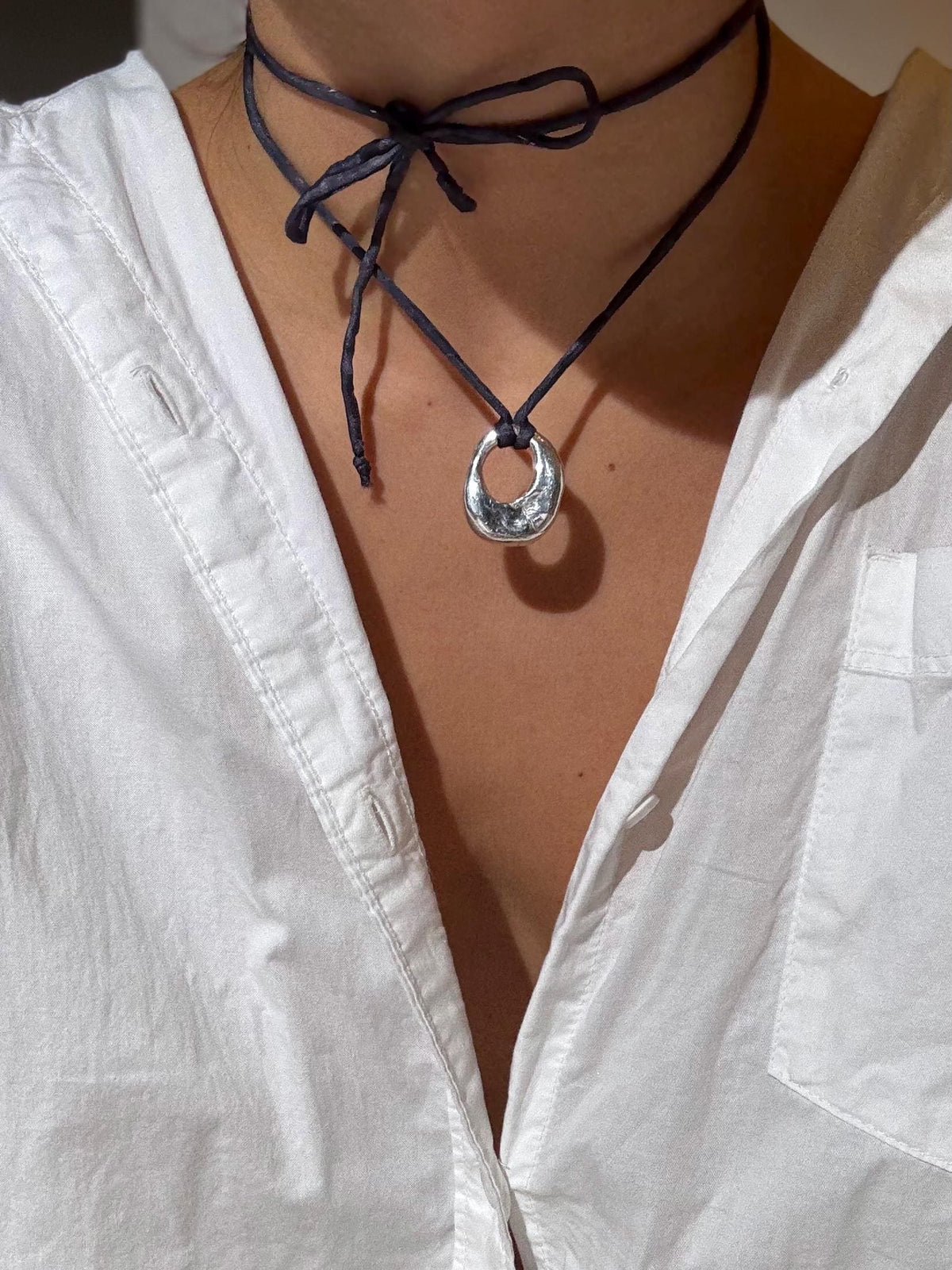 Open Circle Pendant Silk Cord Necklace