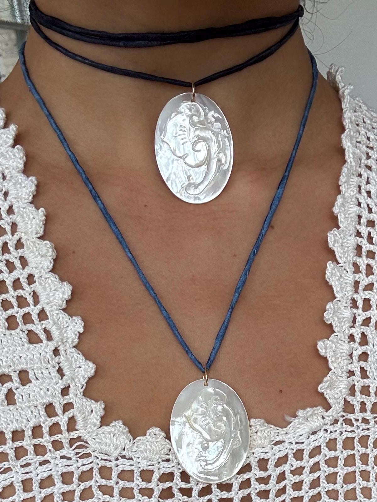 Mother of Pearl Flower Pendant Silk Cord Necklace