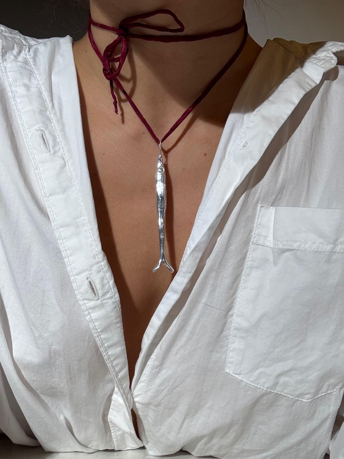 Sardine Pendant Silk Cord Necklace