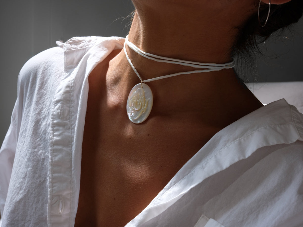 Mother of Pearl Flower Pendant Silk Cord Necklace