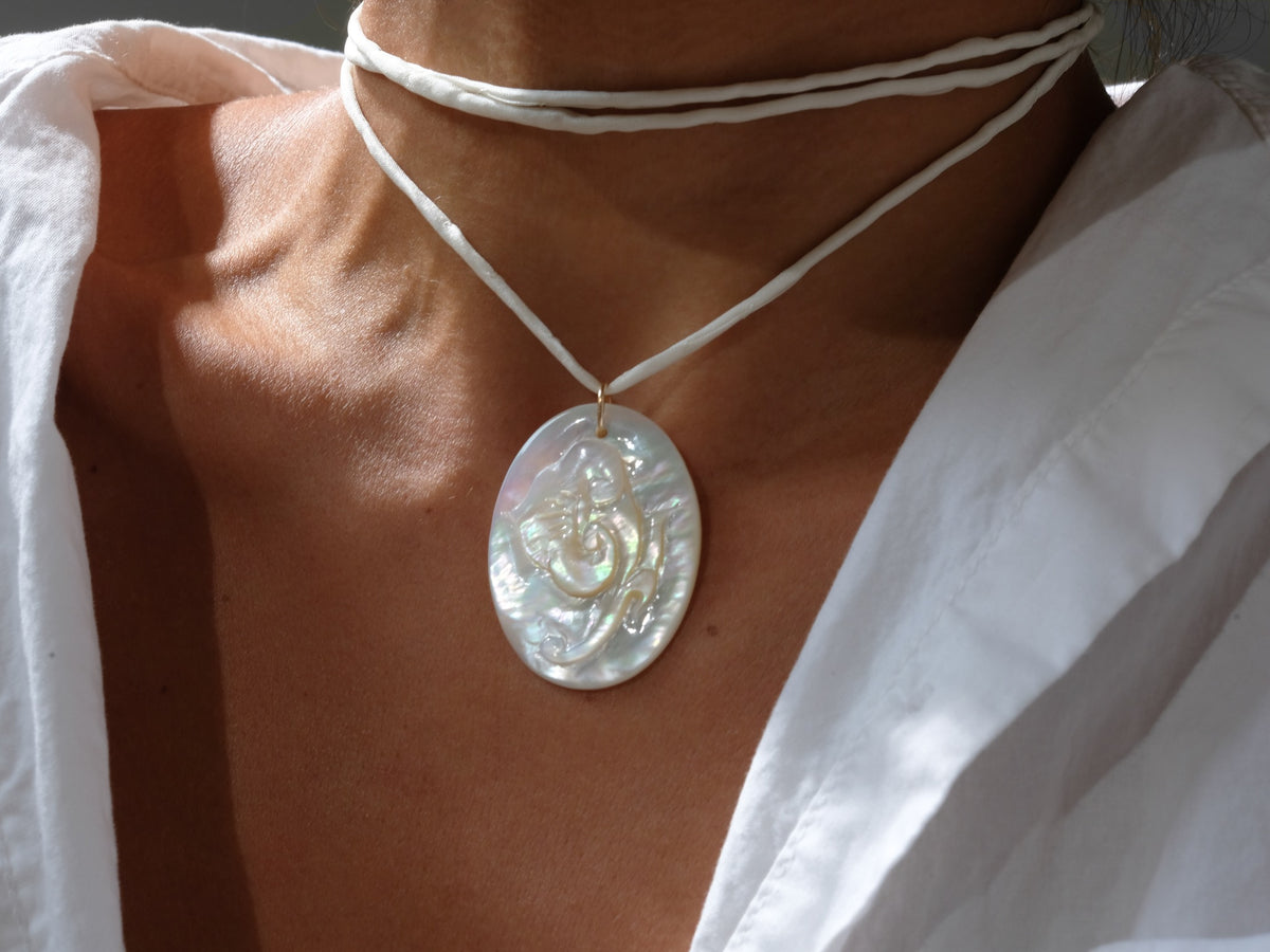 Mother of Pearl Flower Pendant Silk Cord Necklace