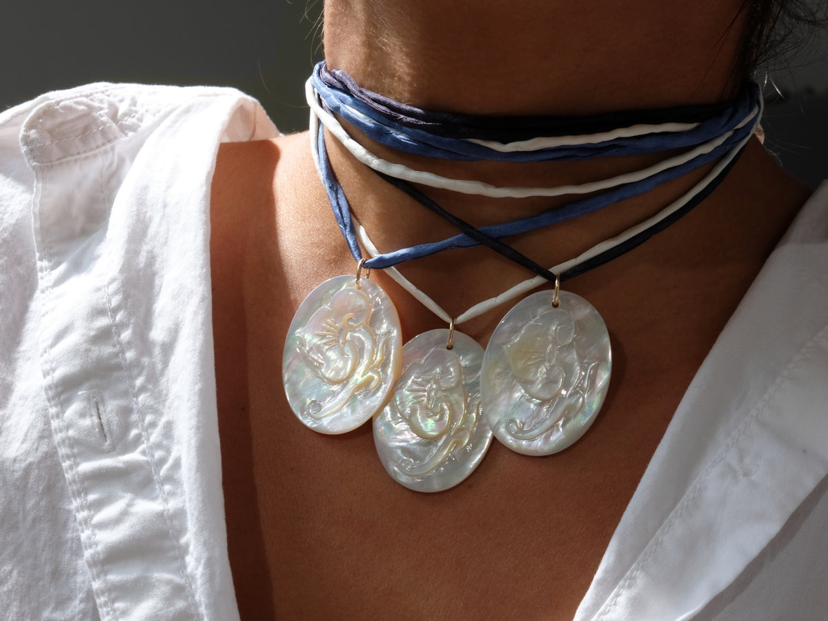 Mother of Pearl Flower Pendant Silk Cord Necklace