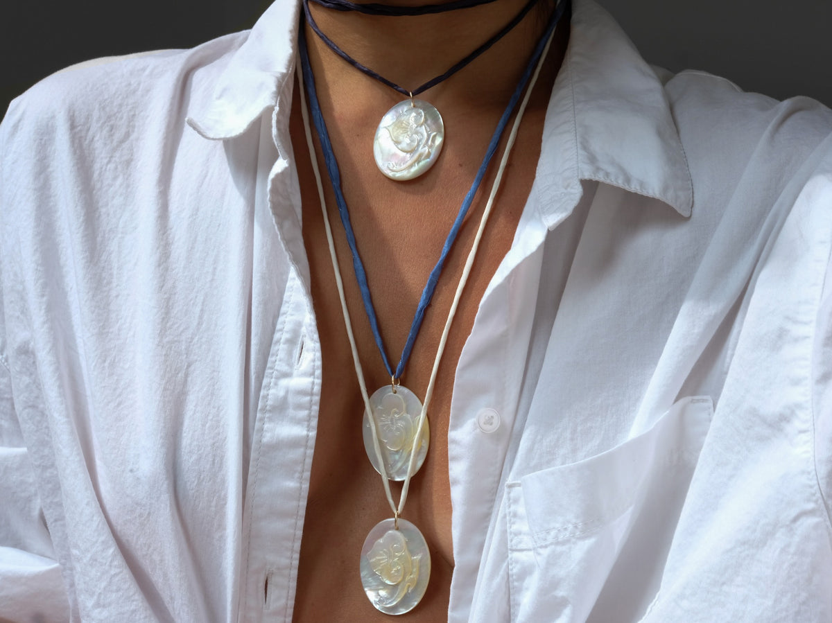 Mother of Pearl Flower Pendant Silk Cord Necklace