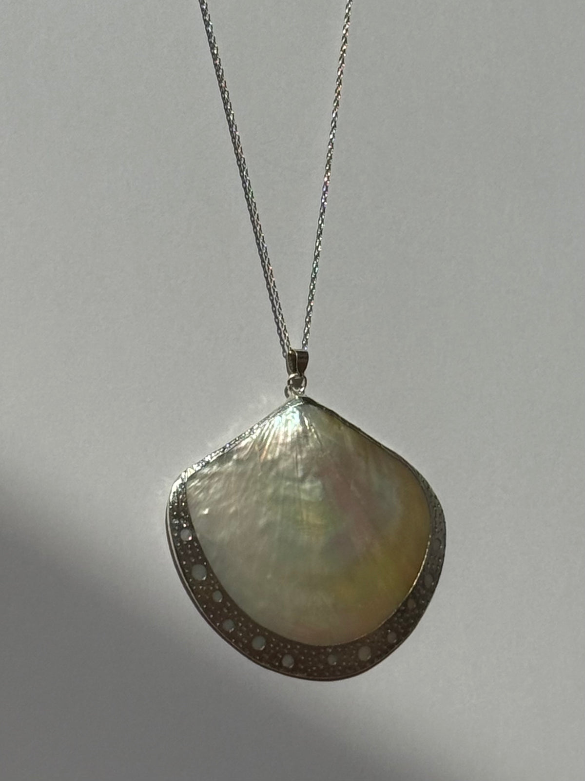 Silver-Framed Mother of Pearl Shell Pendant Necklace