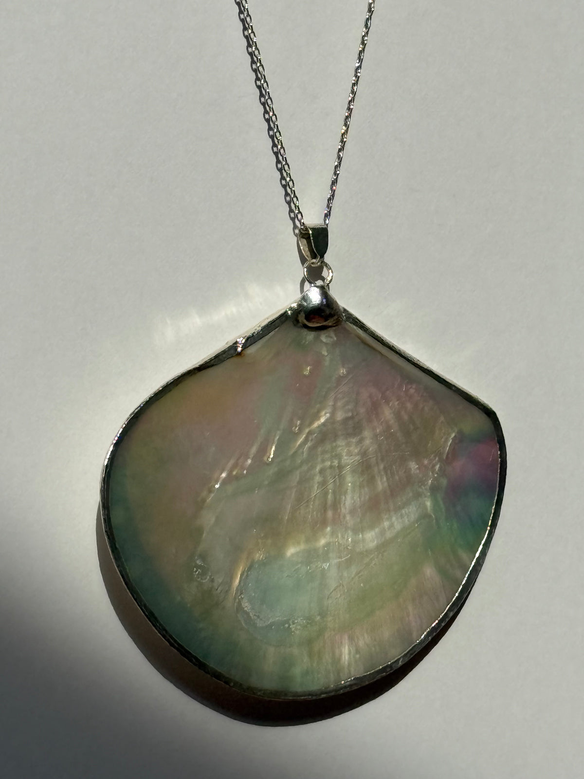 Silver-Framed Mother of Pearl Shell Pendant Necklace