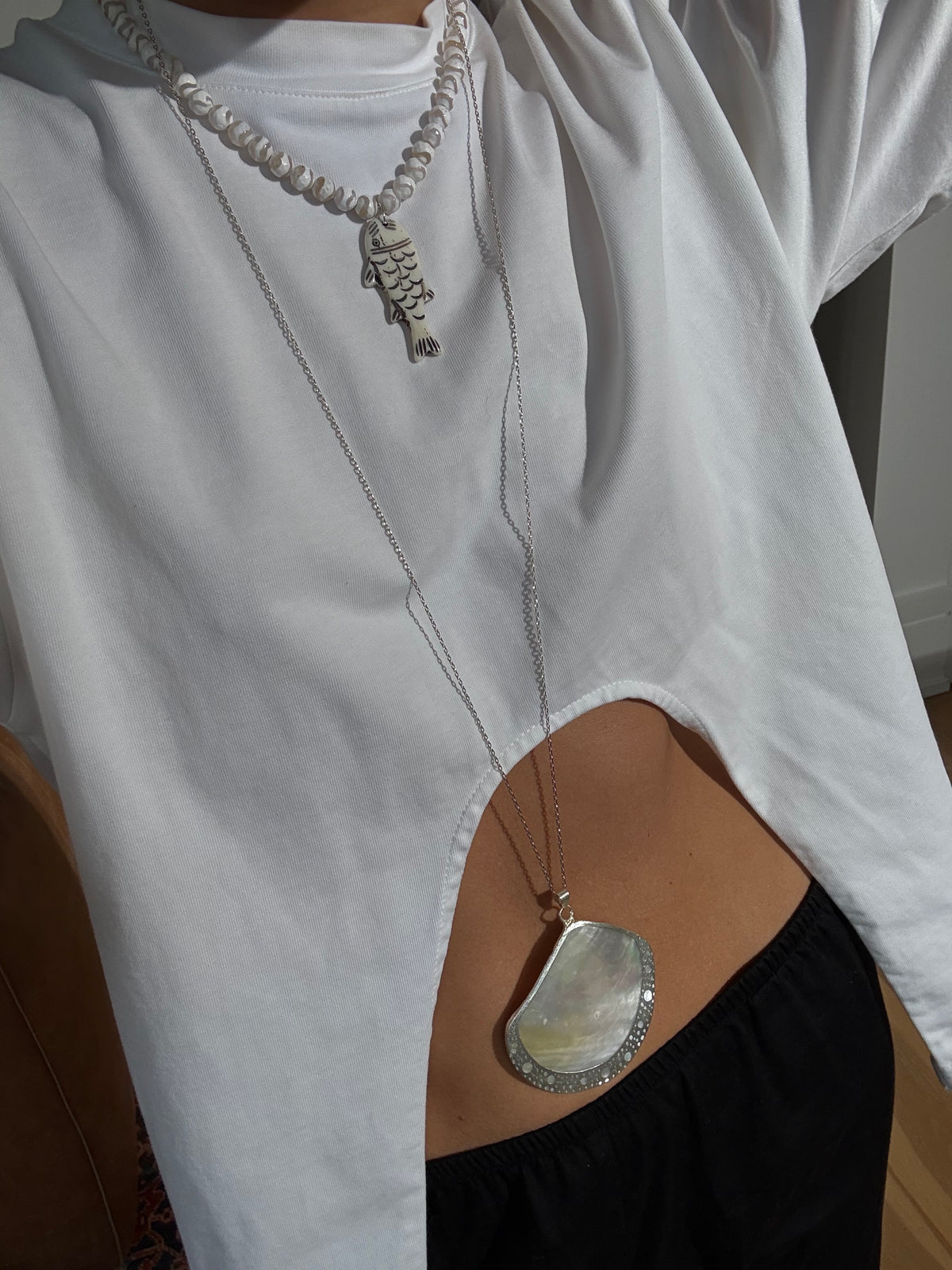 Silver-Framed Mother of Pearl Shell Pendant Necklace