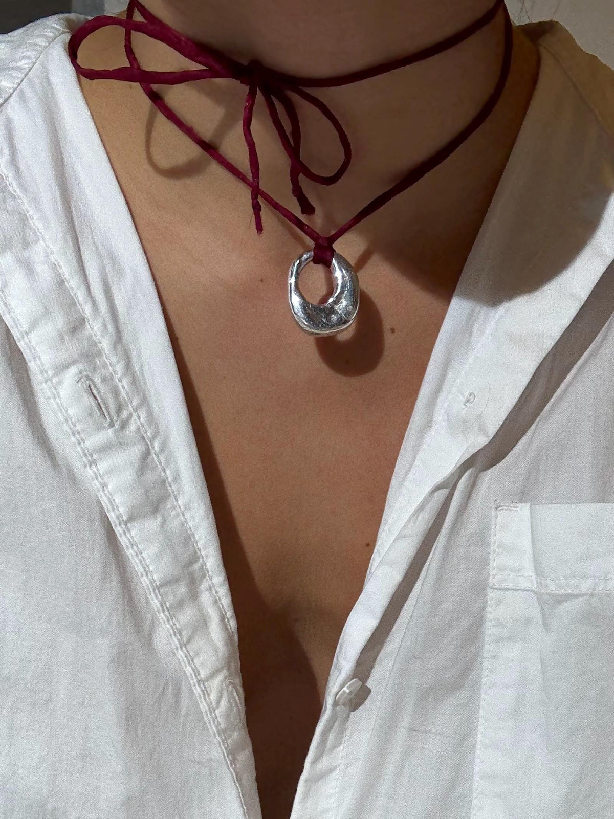 Open Circle Pendant Silk Cord Necklace