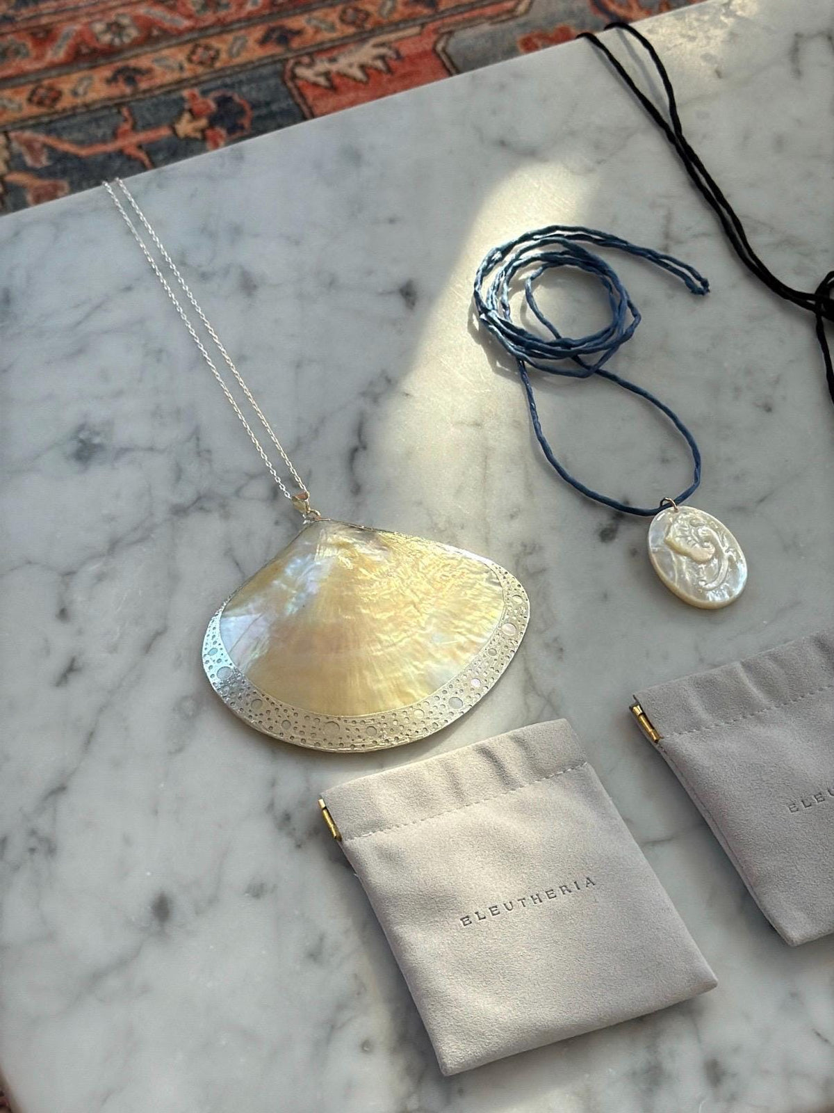 Silver-Framed Mother of Pearl Shell Pendant Necklace