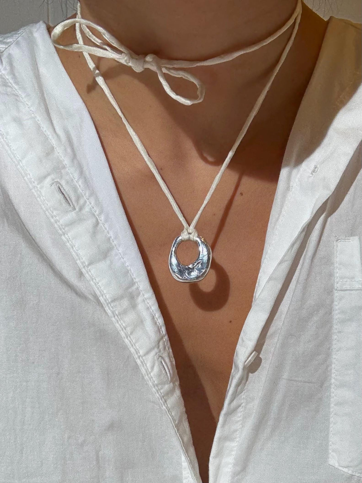 Open Circle Pendant Silk Cord Necklace