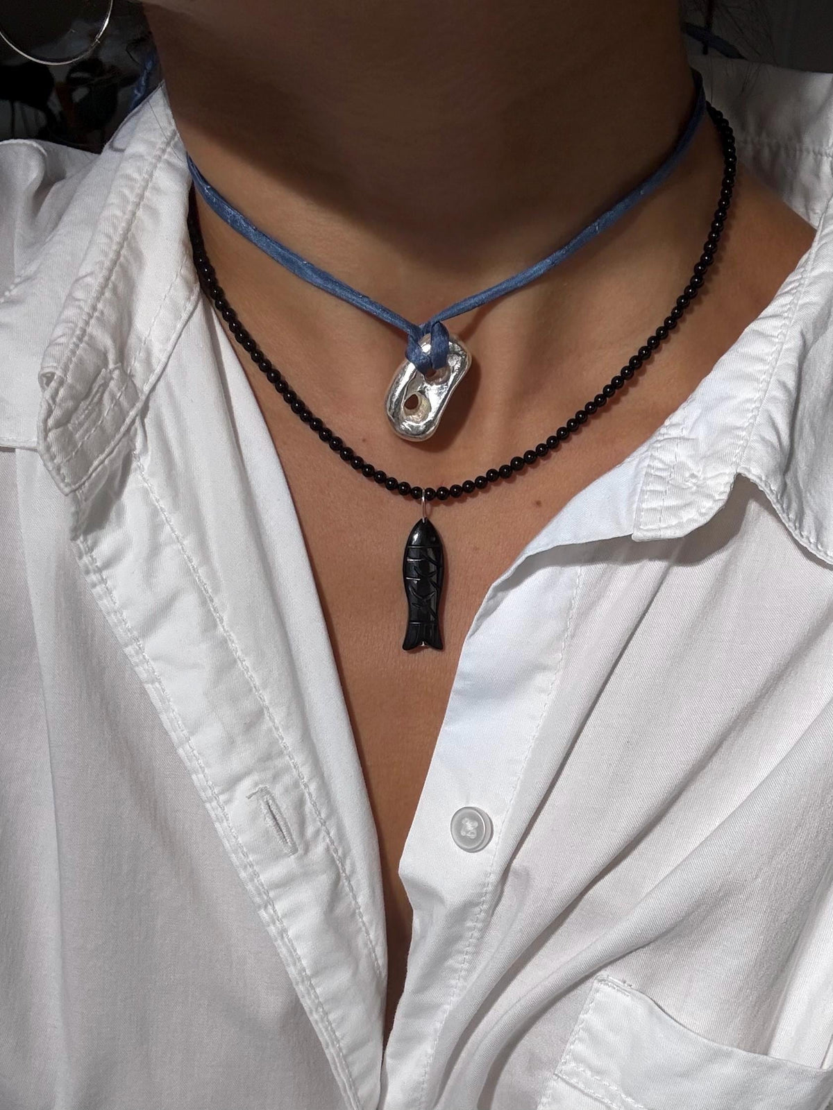 Puffy Mariner Pendant Silk Cord Necklace