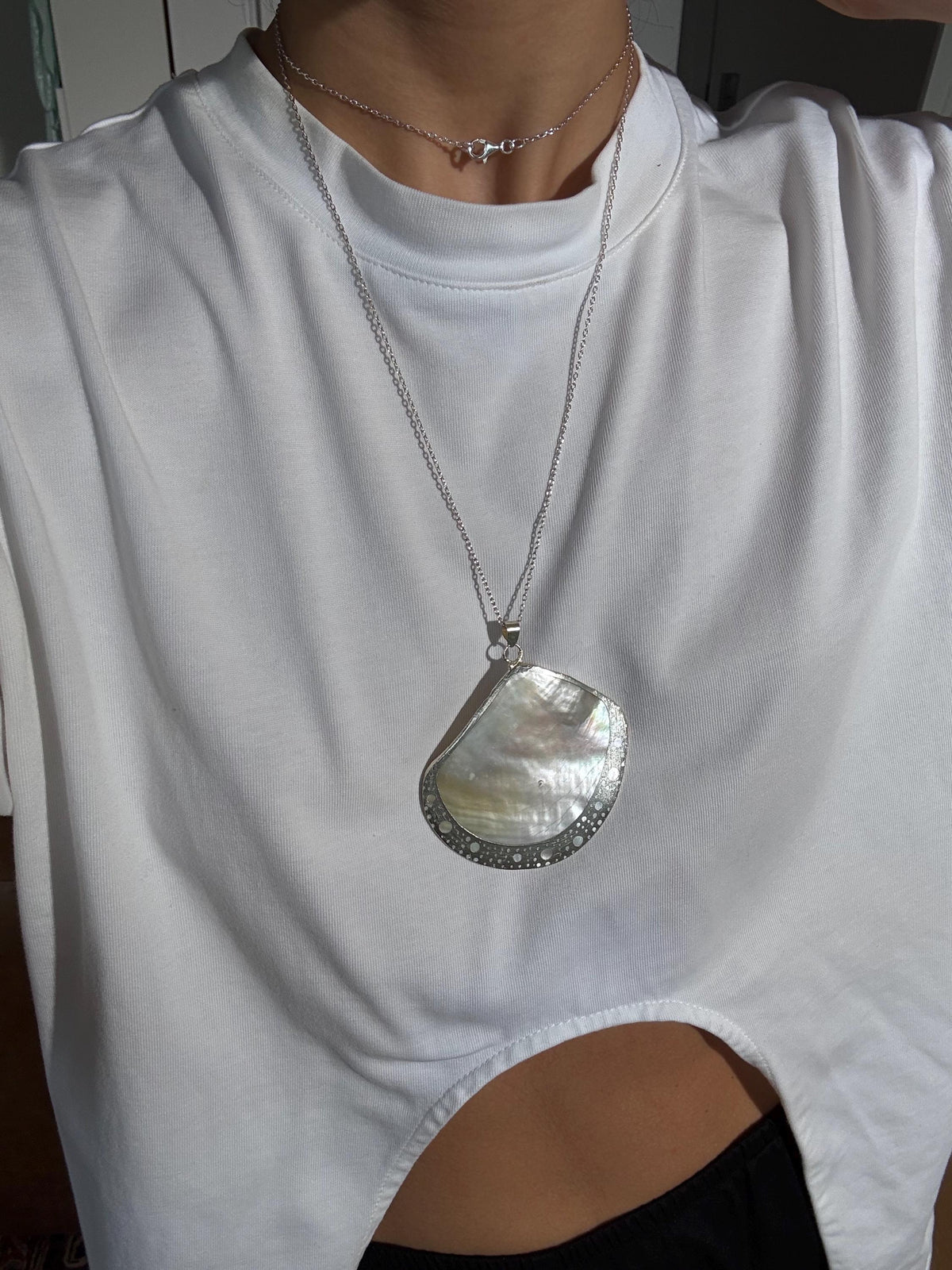 Silver-Framed Mother of Pearl Shell Pendant Necklace